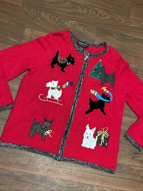 Vintage Hampshire Studio SNOW Scottie Dog Christmas Full Zip Sweater Size L